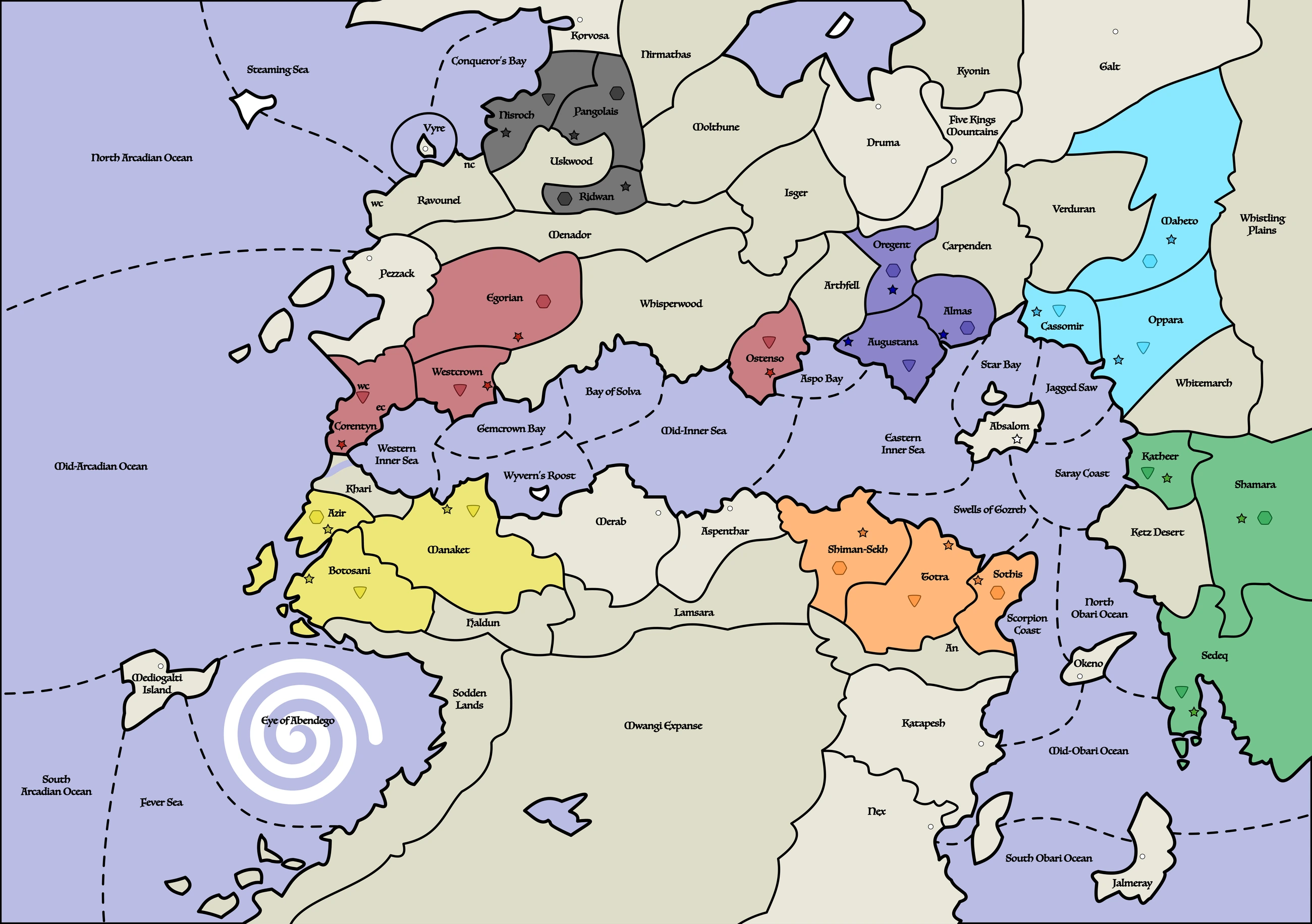 Map of the Inner Sea region of Golarion in Spring 4701 AR, showing the seven powers' territories, supply centers, and split coasts